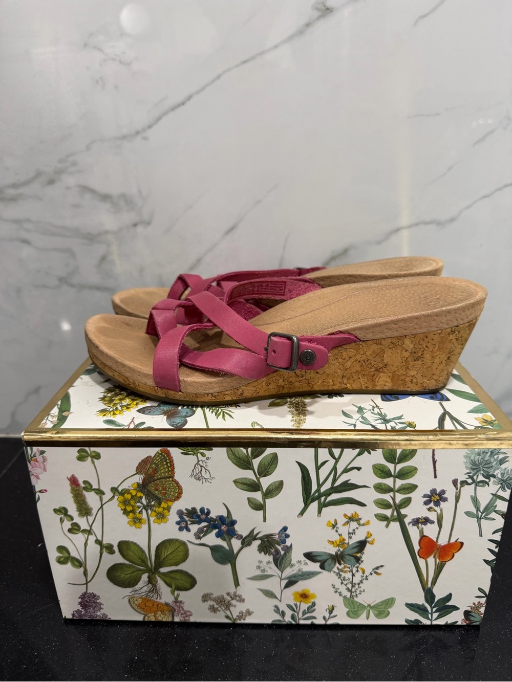 UGG Pink Cork Wedge Sandals with Buckle Strap